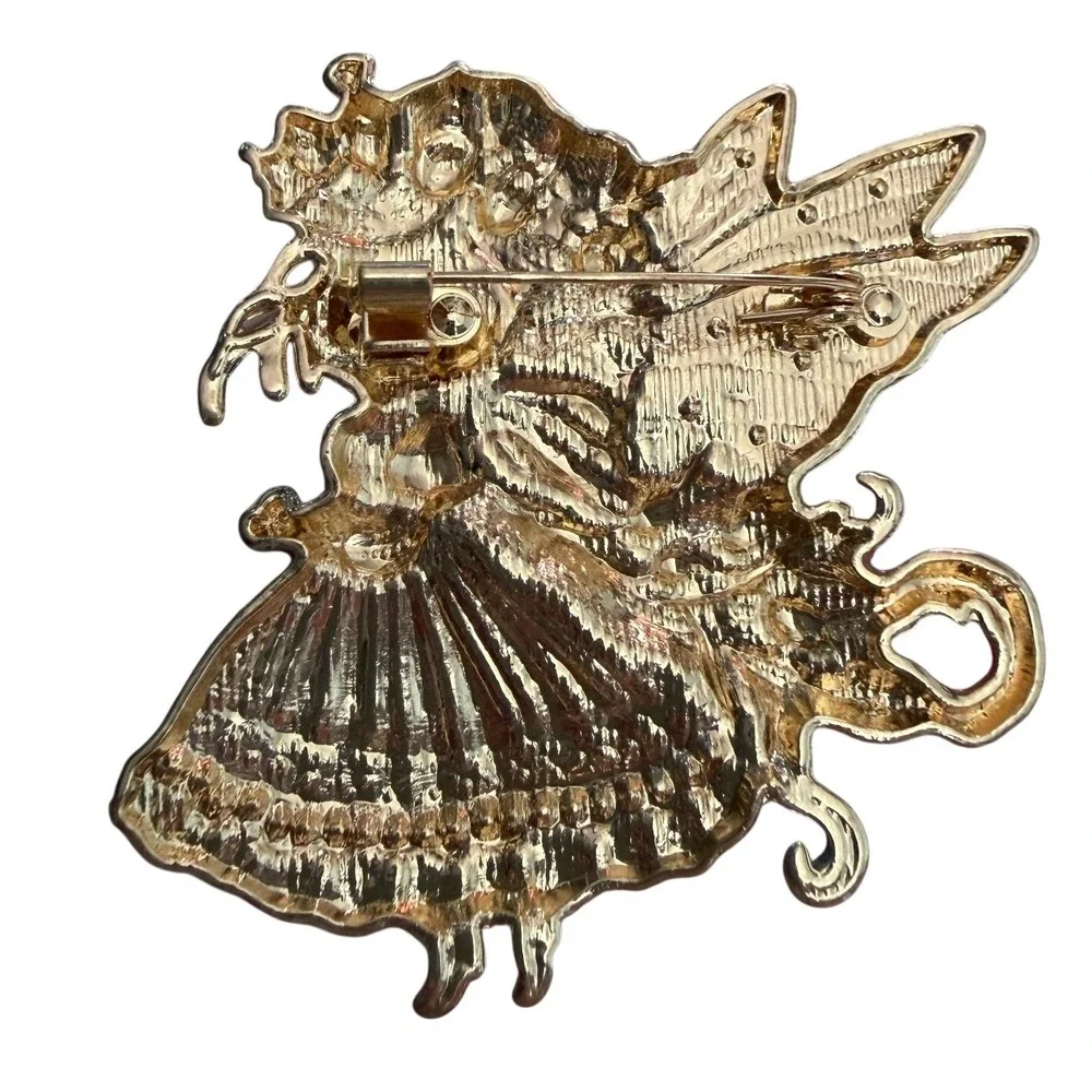 Whimsical Pastel Enamel Fairy Brooch Pin Gold Tone Rhinestone Cottagecore Pixie